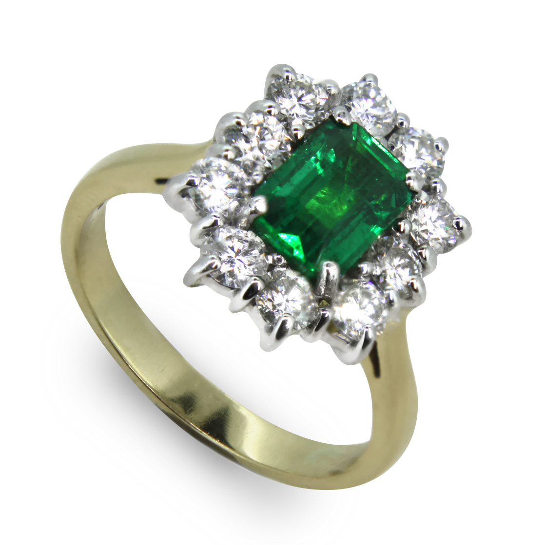 Emerald and Diamond Halo 18K Gold Ring