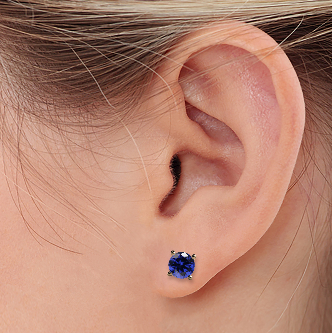 2ct Round Faceted Blue Sapphire 18K Gold Stud Earrings