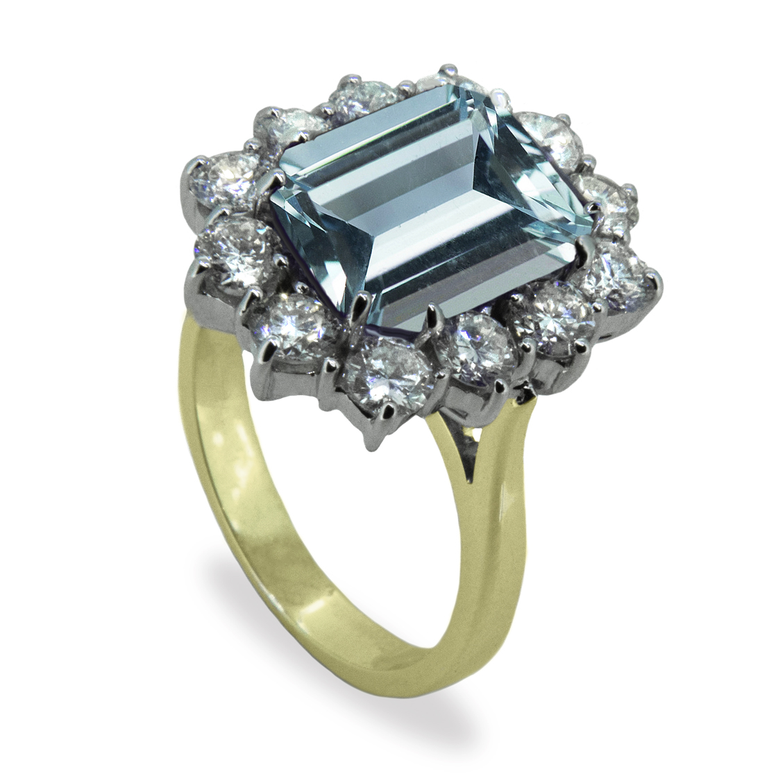 4ct Emerald Cut Aquamarine 18K Gold Diamond Cluster Ring