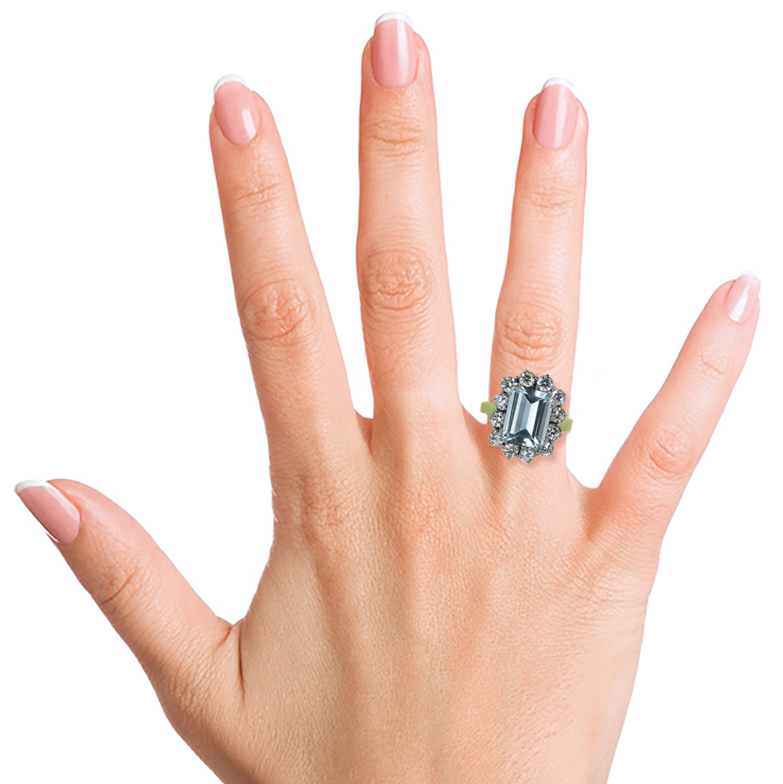 4ct Emerald Cut Aquamarine 18K Gold Diamond Cluster Ring